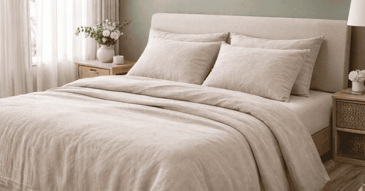Cozy bedroom with organic linen sheets showcasing the health and comfort benefits of natural bedding.