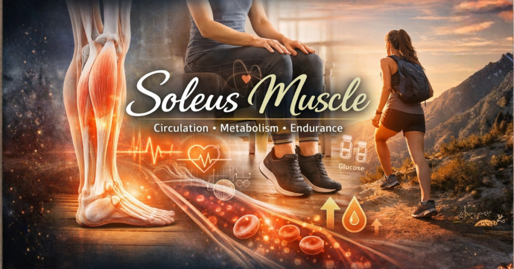 Illustration of the soleus muscle in the lower leg with seated Illustration highlighting the soleus muscle in the lower leg, showing anatomy, seated exercises, and activities that improve circulation and metabolic health.