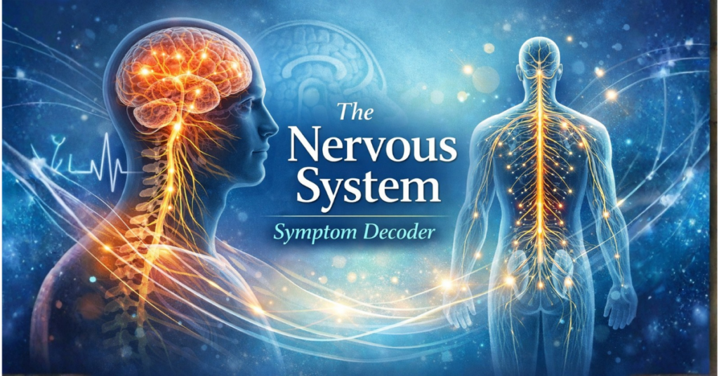 Illustration of human nervous system with brain, spinal cord, and glowing neural pathways for The Nervous System Symptom Decoder page