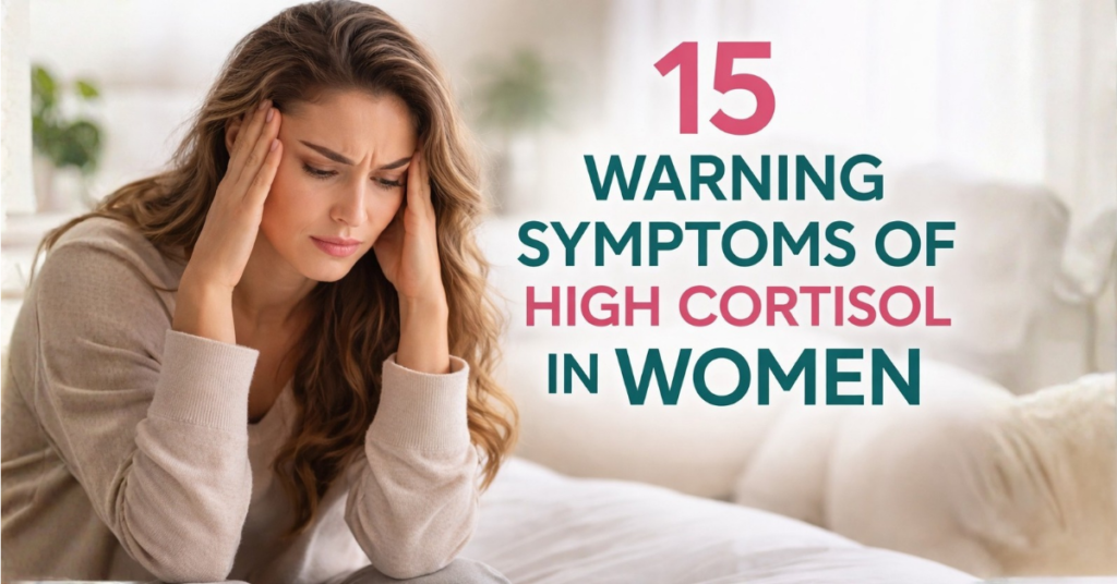 Stressed woman holding her head, representing symptoms of high cortisol in women