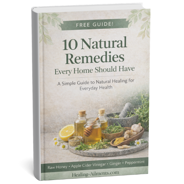 Cover image for the free guide 10 Natural Remedies Every Home Should Have featuring natural ingredients