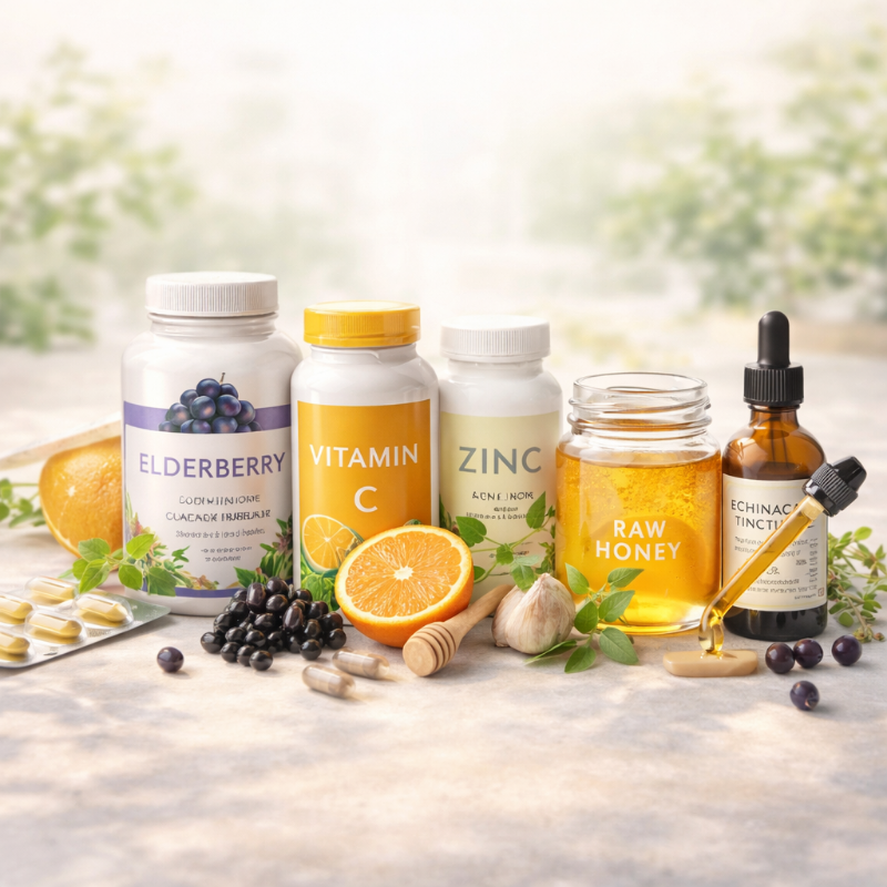 Wellness Resources | Natural Health Products & Healing Tools 9 Immune supplements support category image with Immune boosting foods and supplements on a table.