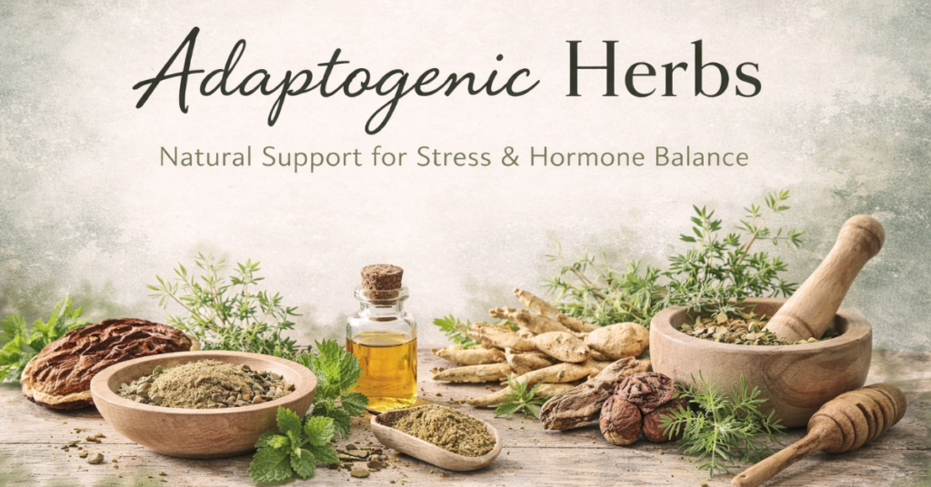 Adaptogenic herbs header image with ashwagandha, reishi, and herbal tools for stress and hormone balance