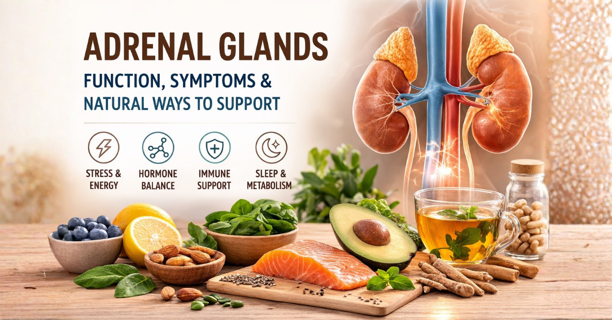 Adrenal glands illustration showing adrenal gland location, healthy foods, adaptogens, and herbal tea for natural adrenal support