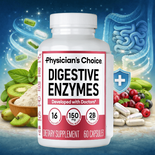 Digestive enzymes supplement bottle supporting digestion and nutrient absorption for gut health
