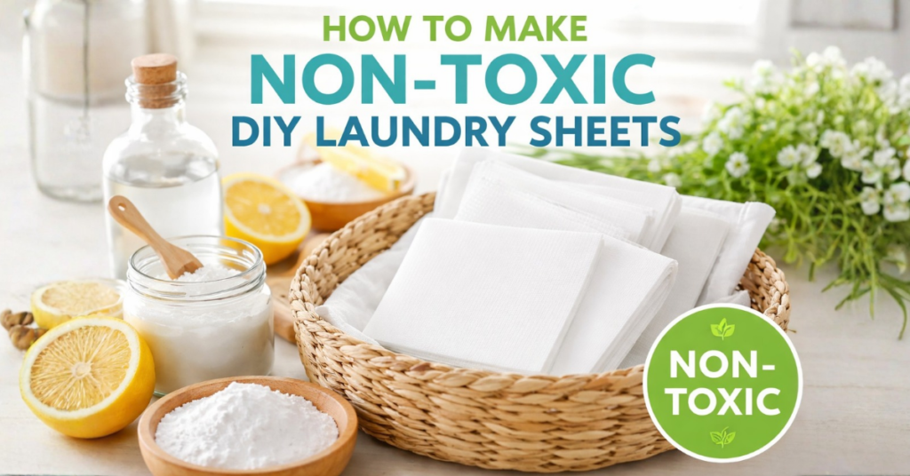 DIY dissolvable laundry sheets in a basket with natural cleaning ingredients and non-toxic label