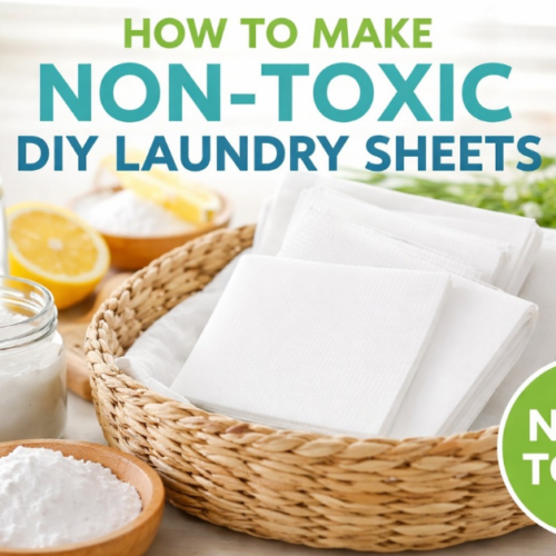 DIY dissolvable laundry sheets in a basket with natural cleaning ingredients and non-toxic label