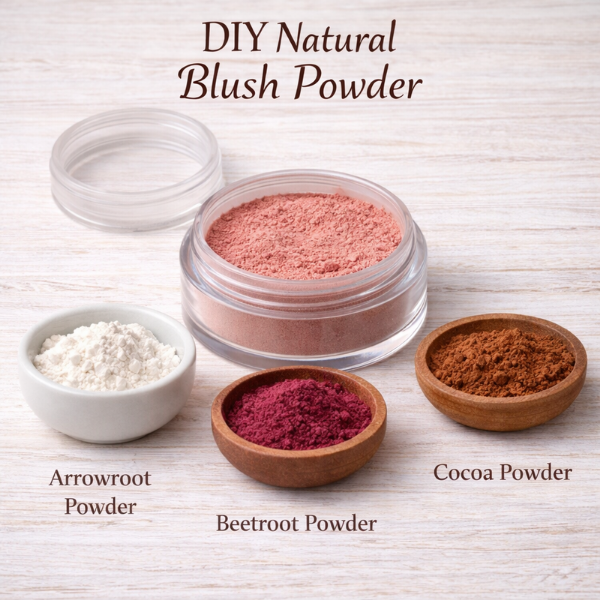 DIY natural blush powder ingredients including arrowroot powder, beetroot powder, and cocoa powder in cosmetic container