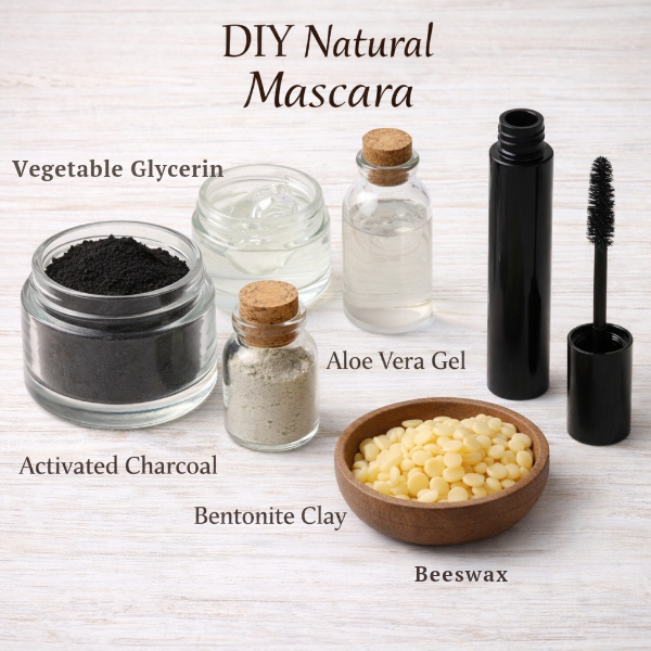 DIY natural mascara ingredients including activated charcoal, bentonite clay, aloe vera gel, vegetable glycerin, and beeswax
