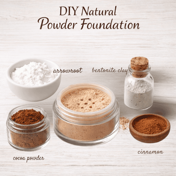 DIY natural powder foundation ingredients including arrowroot powder, cocoa powder, bentonite clay, and cinnamon 