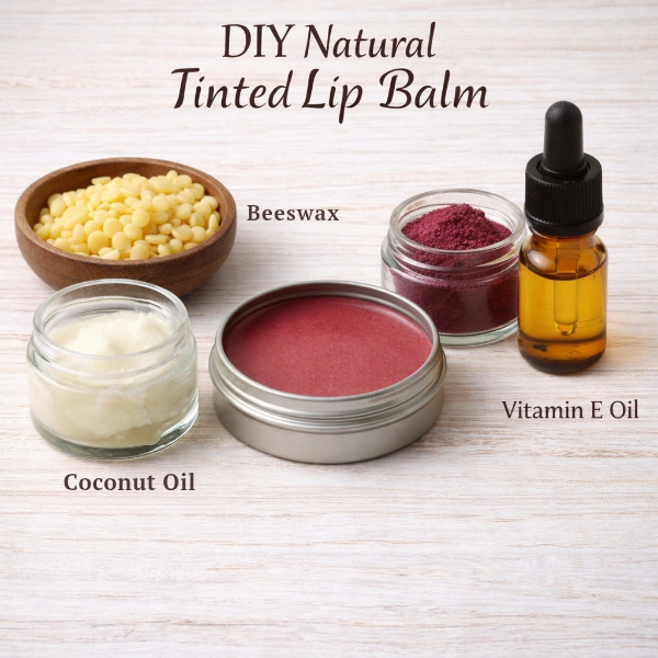 DIY natural tinted lip balm ingredients including beeswax pellets, coconut oil, beetroot powder, and vitamin E oil on wood background