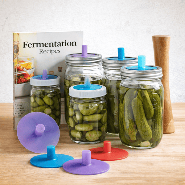 Fermentation Kit with mason jars and airlock lids for making homemade sauerkraut, kimchi, and fermented vegetables
