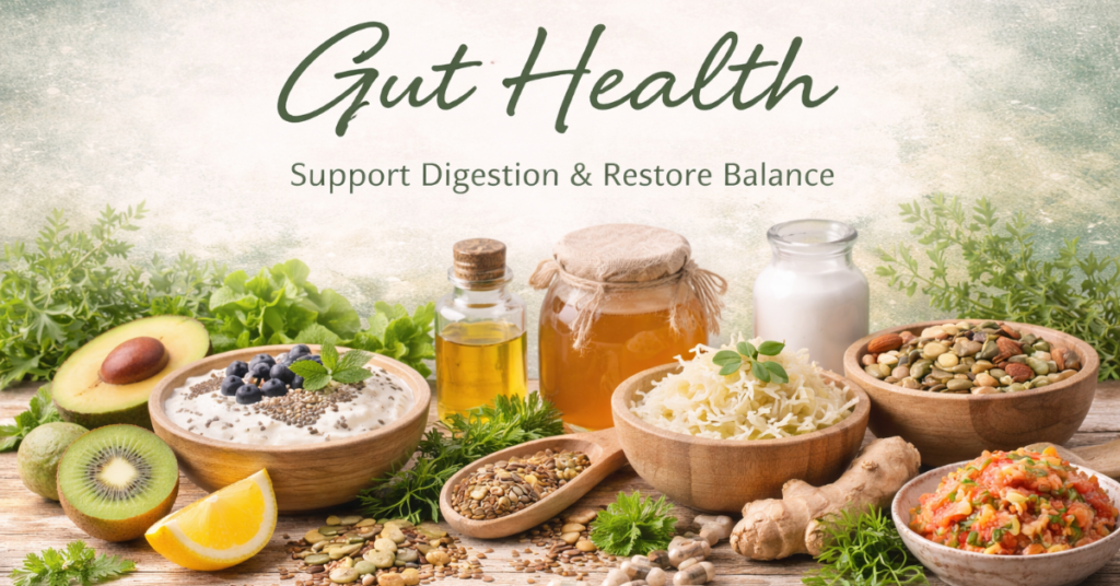 Gut health header image with probiotic foods, yogurt, sauerkraut, ginger and natural digestion support ingredients