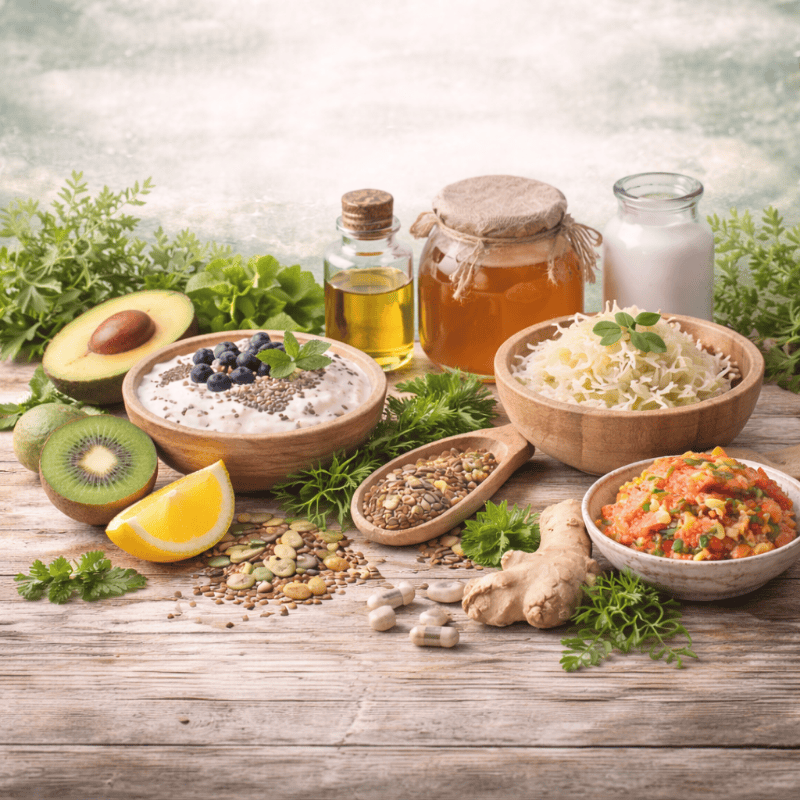 Wellness Resources | Natural Health Products & Healing Tools 8 Natural gut health support supplements featuring probiotic foods, yogurt, sauerkraut, seeds, and digestive support supplements for microbiome balance