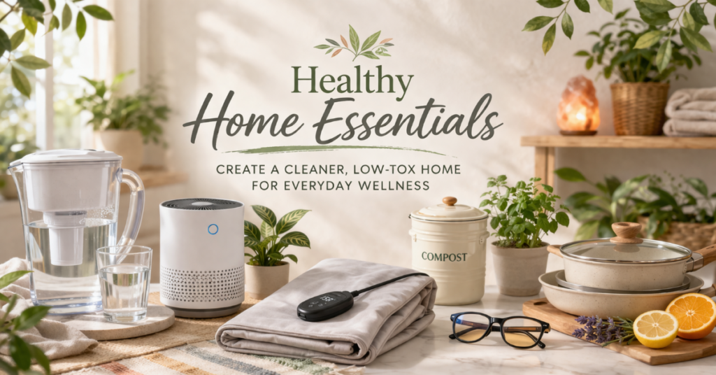 Healthy home essentials header with water filter, air purifier, cookware, and low tox living products
