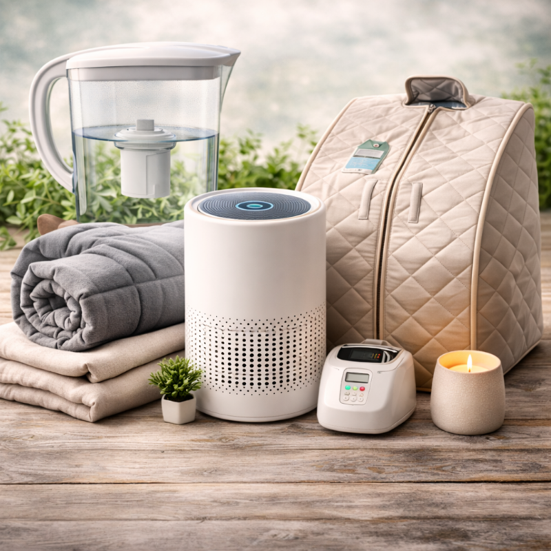 Healthy home essentials including air purifier, water filter, weighted blanket, linen bedding, and home wellness tools