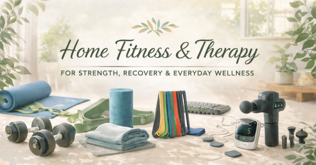Home fitness and therapy tools including resistance bands, foam roller, massage gun and yoga mat for strength and recovery
