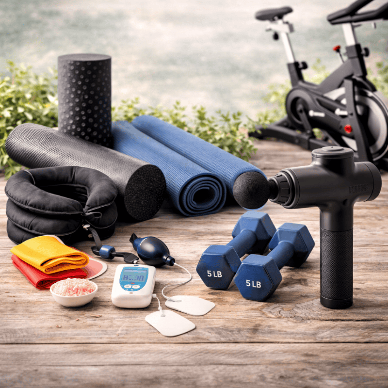 Wellness Resources | Natural Health Products & Healing Tools 16 Home fitness and therapy essentials including foam roller, resistance bands, dumbbells, massage gun, TENS unit, and yoga mat