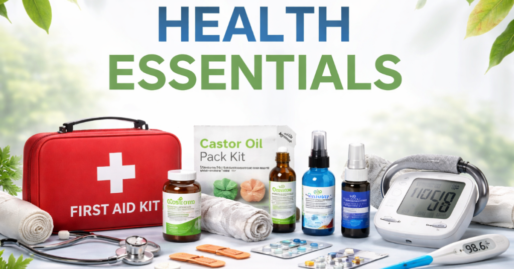 Home Health Essentials banner image with natural first aid and wellness tools on clean background