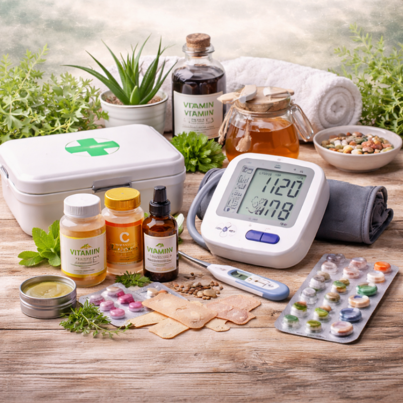 Home health essentials including blood pressure monitor, first aid kit, thermometer, vitamins, and daily wellness care products