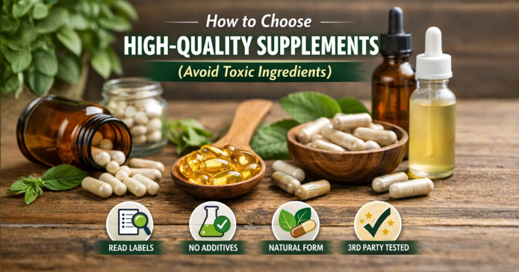Image of supplements depicting how to choose high quality supplements without toxins.