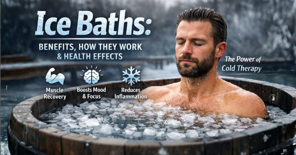 Ice bath benefits demonstrating cold therapy for muscle recovery, reduced inflammation, and improved focus.