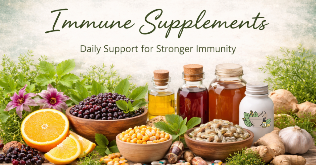 Immune supplements support image with Immune boosting foods and Supplements on a table.