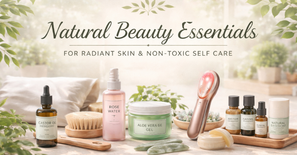 Natural beauty essentials including castor oil, rose water, aloe vera gel, gua sha tools and skincare products for radiant skin and non toxic self care