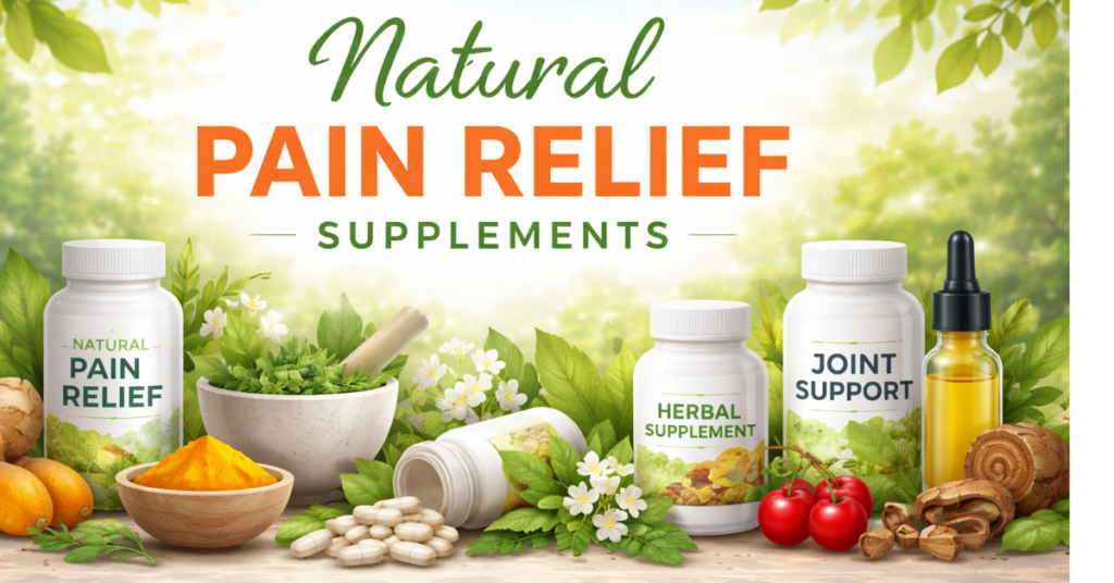 Natural pain relief supplements with turmeric ginger herbal ingredients bottles banner