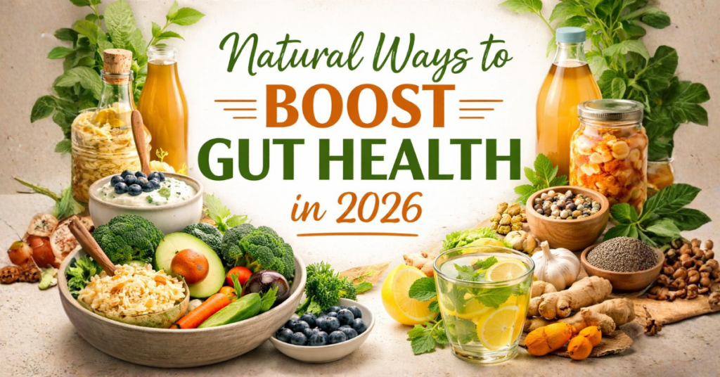 Natural ways to boost gut health in 2026 with probiotic foods, fermented vegetables, kombucha, yogurt, and fiber-rich vegetables