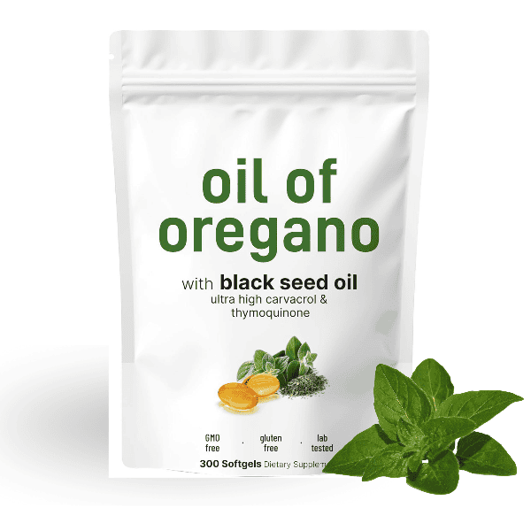 Oil of oregano herbal supplement in a bag with oregano oil leaves next to the bag.