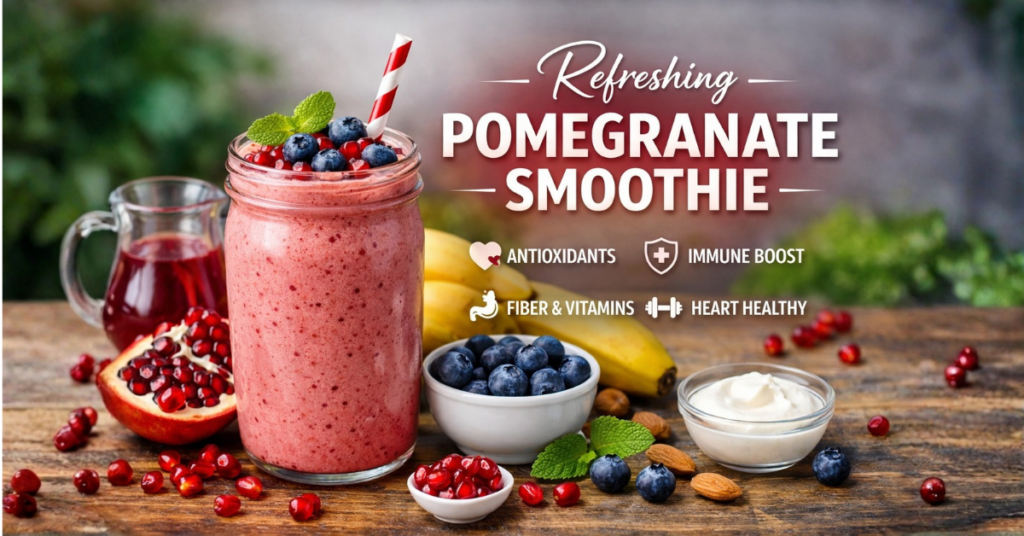 Pomegranate smoothie recipe with blueberries, banana, and yogurt antioxidant healthy drink