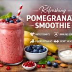 Pomegranate smoothie recipe with blueberries, banana, and yogurt antioxidant healthy drink