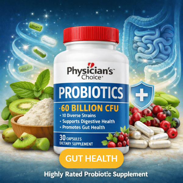 Probiotic supplement bottle with digestive health ingredients supporting gut microbiome and digestion