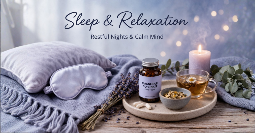 Natural sleep support supplements header image with calming night scene, herbal tea, and peaceful wellness elements
