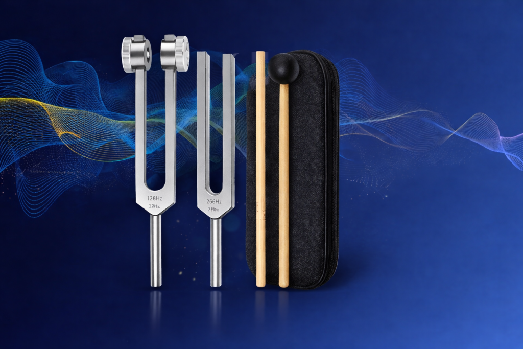 Weighted tuning forks set including 128Hz 256Hz and 512Hz frequencies with mallet and pouch for sound therapy and meditation