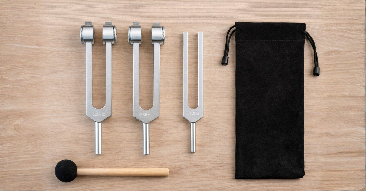 Tuning fork set with weighted 128Hz and 256Hz forks, non-weighted 512Hz fork, stick mallet, and black suede pouch