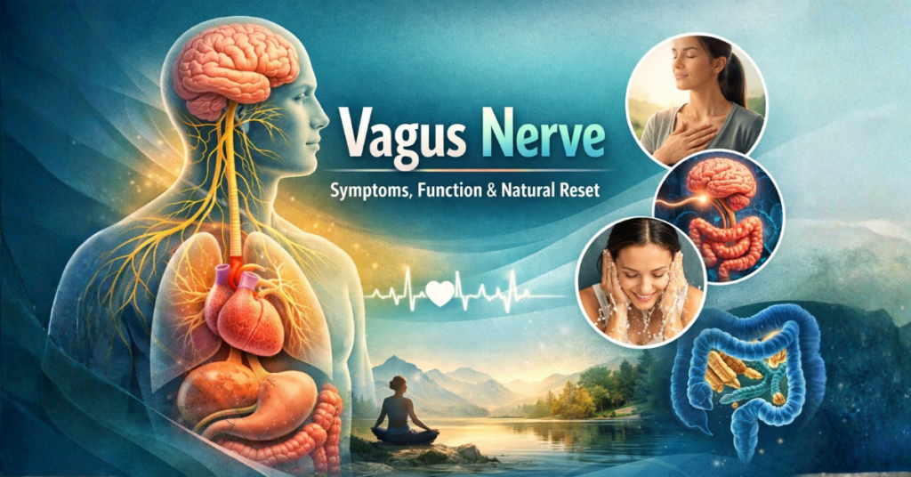 Vagus nerve diagram showing nervous system and natural reset techniques for stress, digestion, and overall health balance