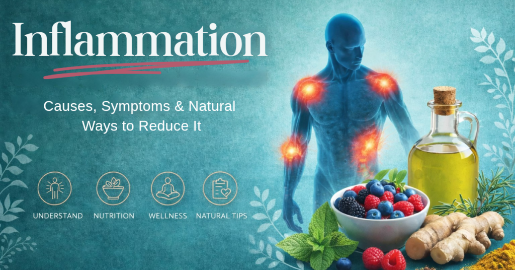 Inflammation causes, symptoms, and natural remedies with anti-inflammatory foods like salmon turmeric and greens