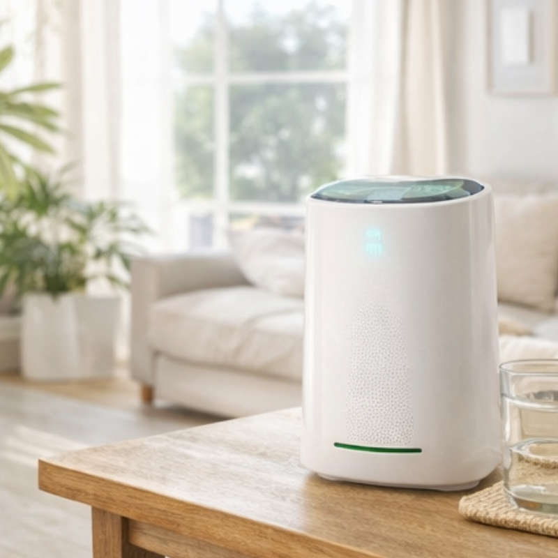 Bright living room with clean air and air purifier for improved indoor air quality