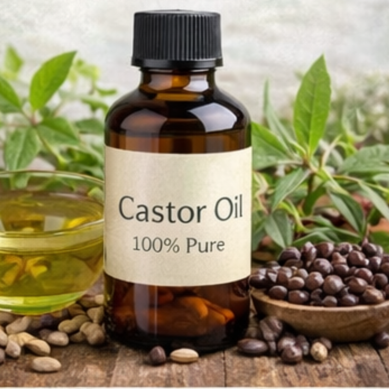 Castor oil bottle with seeds used for natural hair and skin care routines