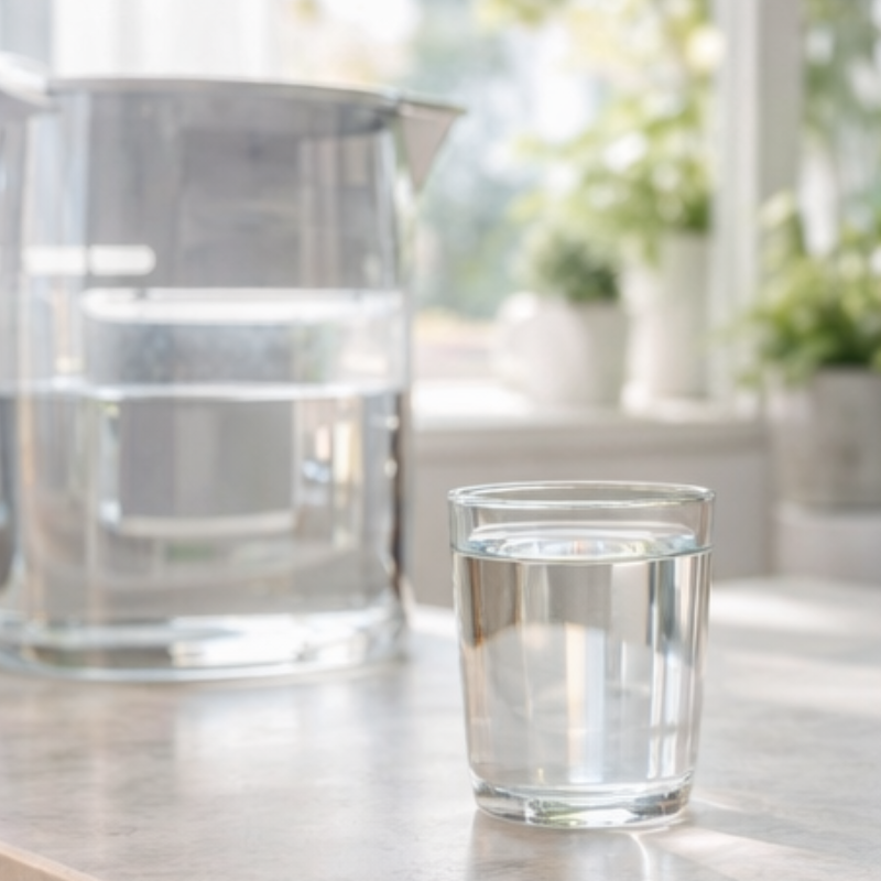 filtered water in a glass with natural light in a healthy home kitchen