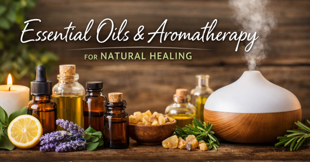 Essential oils and aromatherapy for natural healing with diffuser, lavender, and herbal oils setup