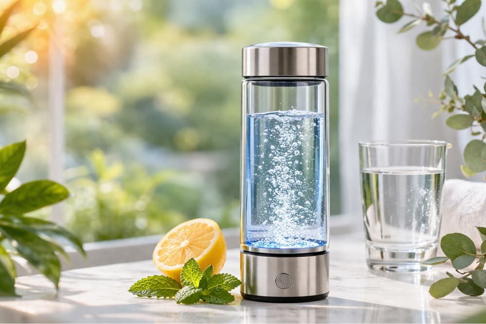 Hydrogen infused water bottle with lemon and mint.