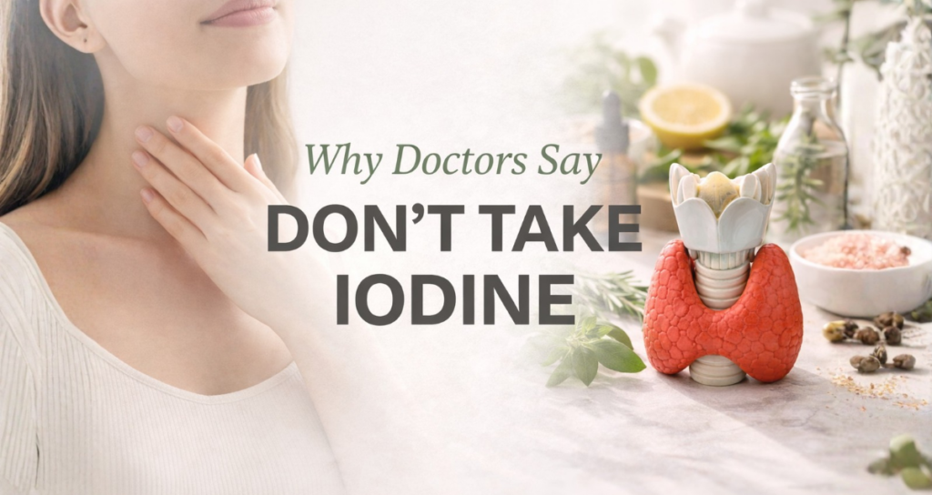 Iodine and thyroid health concept showing thyroid gland and neck.