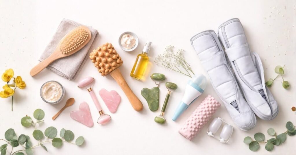 Lymphatic Drainage Massage: Benefits, Techniques & Natural Detox Support 1 Lymphatic drainage massage tools including dry brush, gua sha, roller and body massager for natural detox support