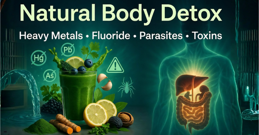 Image featuring Natural Detox Guide: Heavy Metal, Fluoride, Parasites on green background with detox foods.
