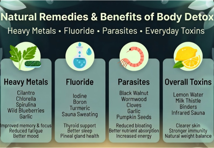 Natural Detox Guide Infographic on green background with detox foods for heavy metals, fluoride, parasites, and environmental toxins.