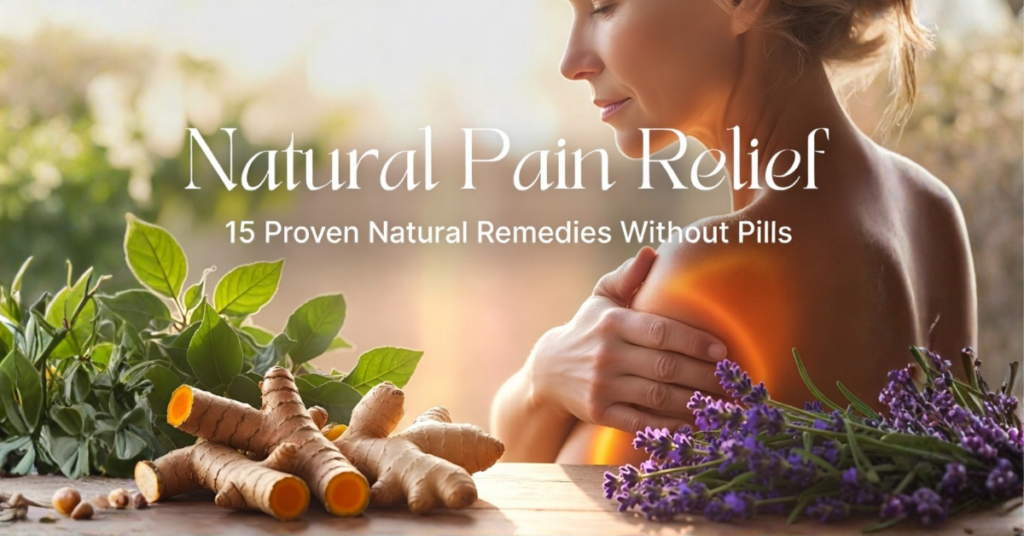 Natural pain relief - peaceful woman with turmeric ginger and lavender for pain relief without pills