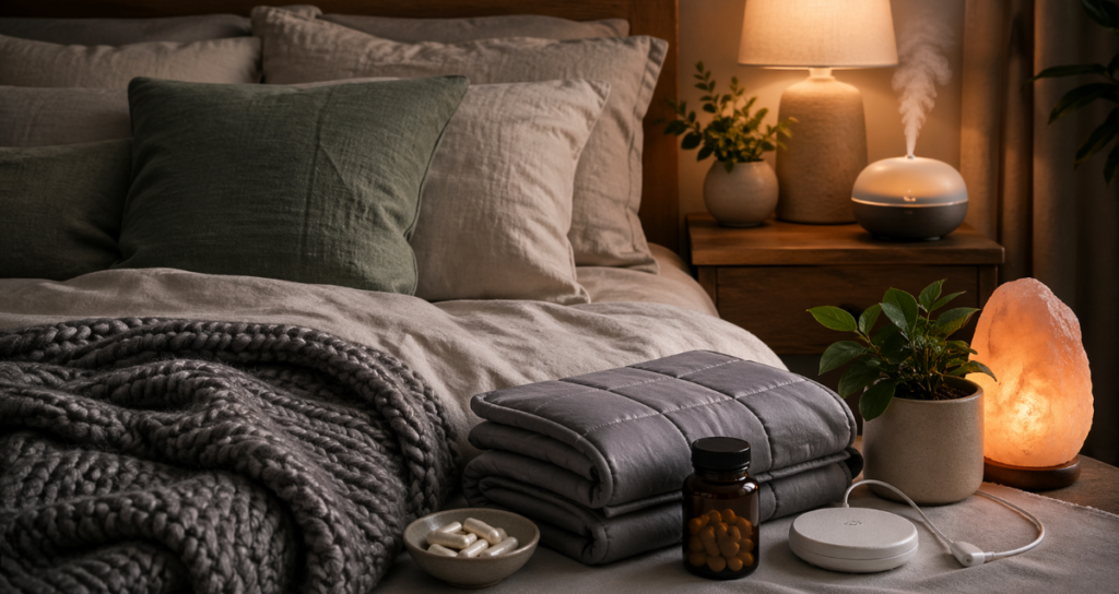 Natural sleep aids with linen bedding, weighted blanket, grounding sheet, for better sleep